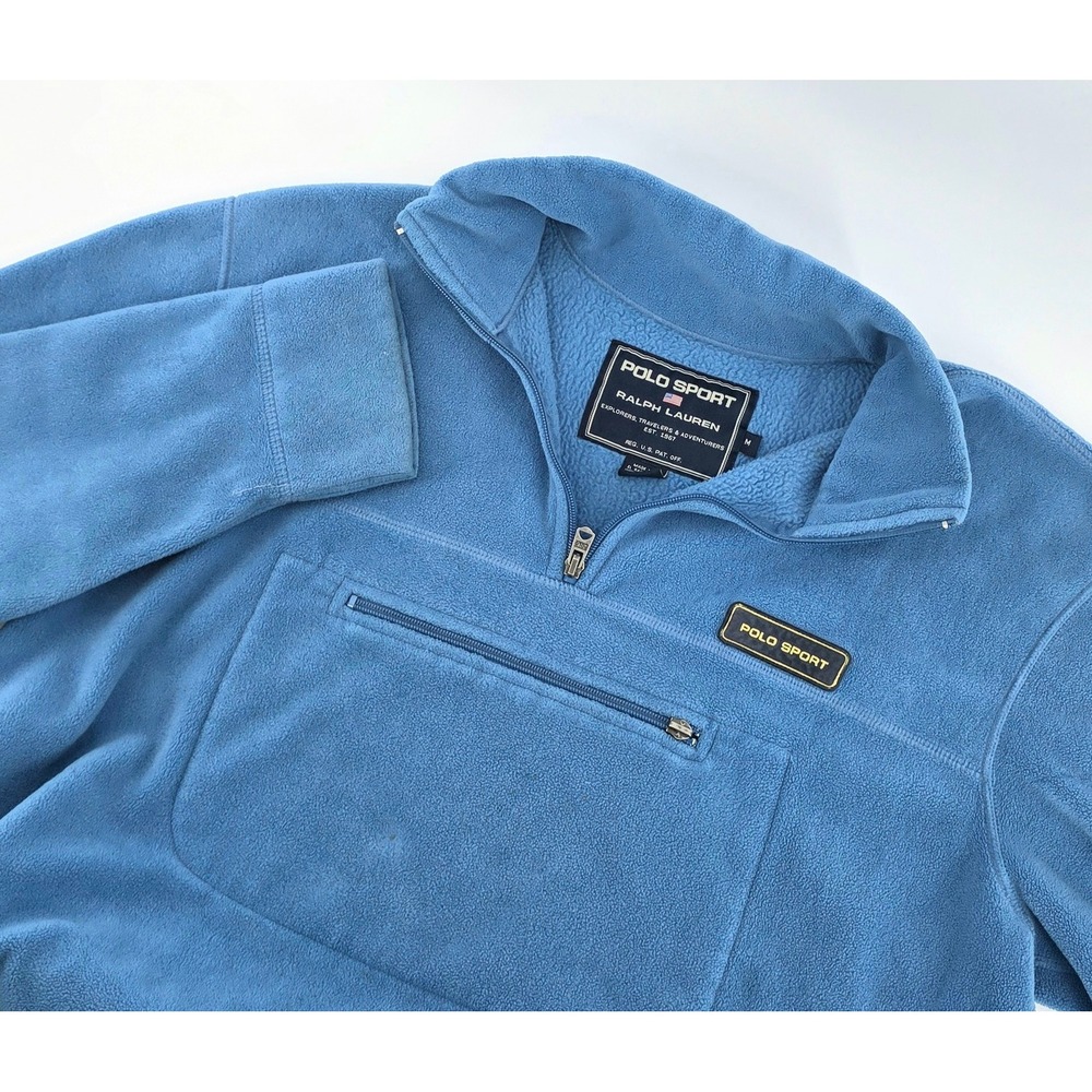 Polo Sport Vintage Quarter Zip Sweatshirt Fleece Pullover Blue Mens Size Medium